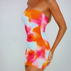 Strapless Tie-Dye Bodycon Mini Dress - Pink, Orange, White